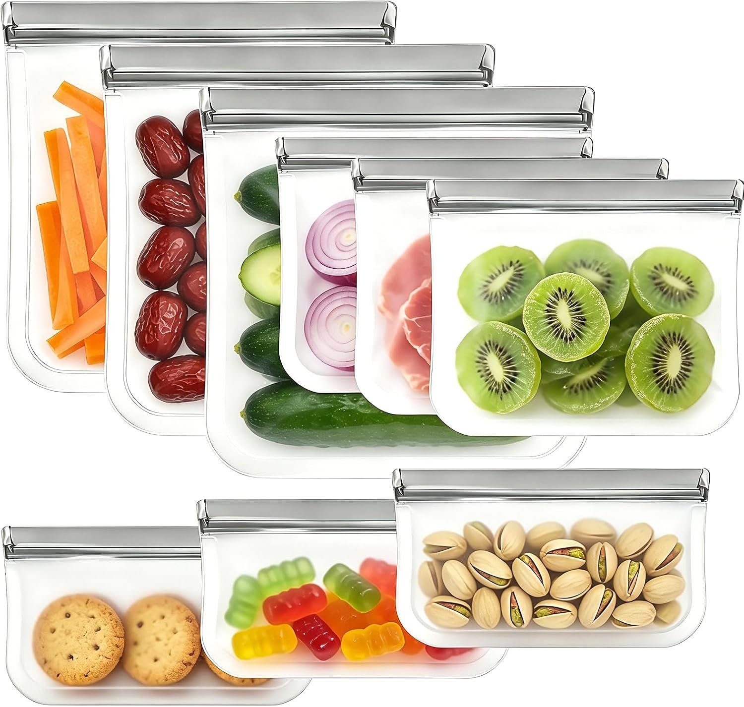 9 Pack Reusable Silicone Food Storage Bags – Freezer & Dishwasher Safe Leakproof Reusable Bags, Freezer Storage Bags Sets – 3 Gallon 3 Snack 3 Sandwich Bags
