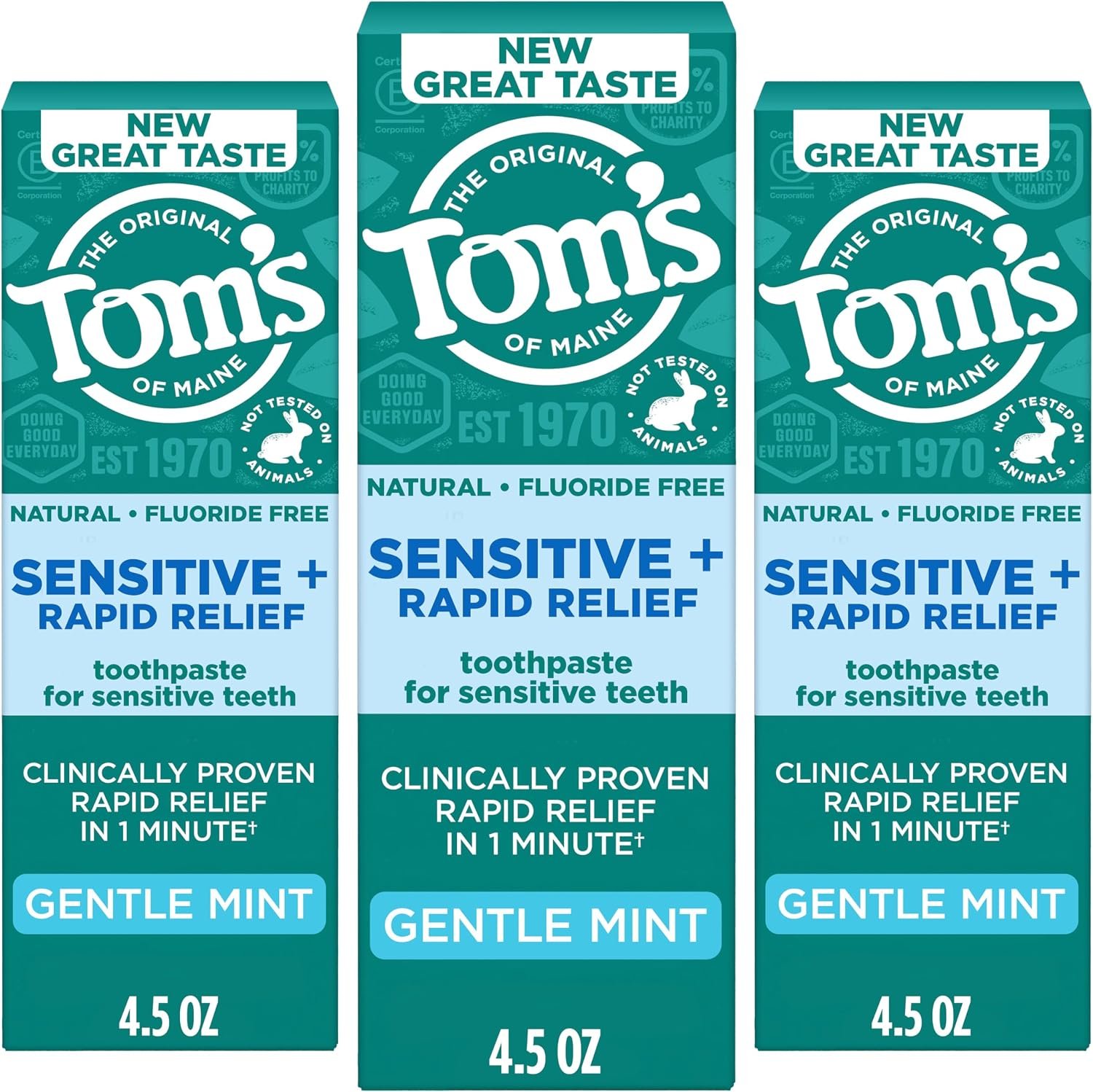 Tom’s of Maine Rapid Relief and Sensitive Toothpaste, Mint, 3 Pack, 4.5 oz | Fluoride Free, Protects from Hot or Cold Food and Drinks, Clinically Proven Rapid Relief in 1 Minute, Seals Exposed Nerves
