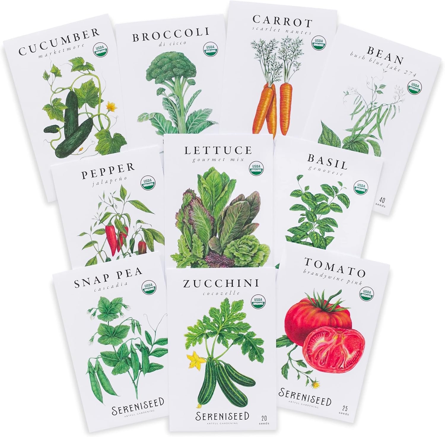Sereniseed Certified Organic Vegetable Seeds (10-Pack) – Non GMO, Open Pollinated – Basil, Snap Pea, Broccoli, Bean, Jalapeno, Tomato, Lettuce, Cucumber, Carrot, Zucchini Seeds for Planting