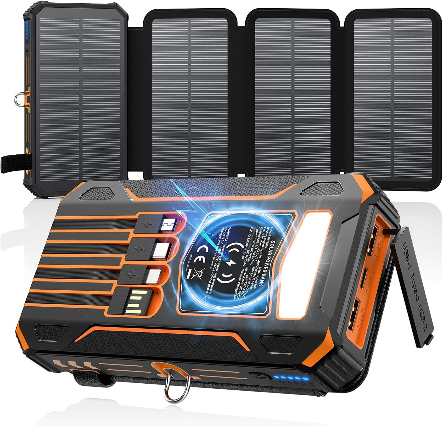 SOARAISE Solar Power Bank 48000mAh Wireless Portable Charger with 4 Cables | Solar Charger with 4 Solar Panels, 48000mAh High Capacity, PD QC 3.0 Fast Charging Battery Pack, Flashlights for Camping