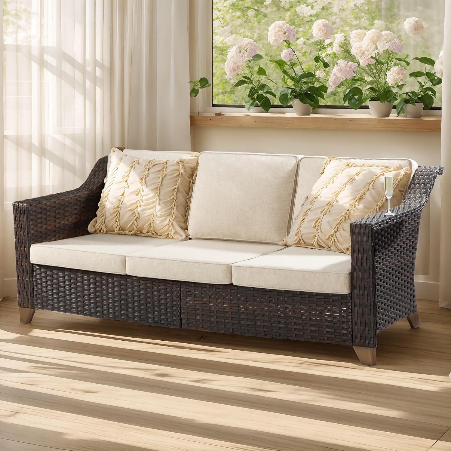Patio Sofa – 3 Seater Rattan Sofa, All Weather High Back Sofa, Upgraded Large Size with 4inch Seat Cushions for Backyard, Garden, Poolside (Brown/Beige)