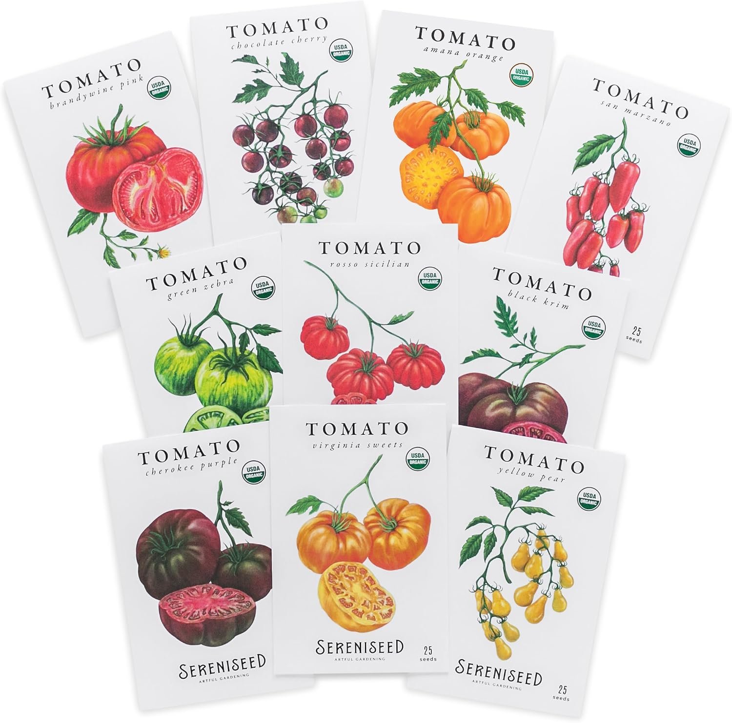 Sereniseed Certified Organic Tomato Seeds (10-Pack) – Non GMO, Open Pollinated – Cherokee Purple, Chocolate Cherry, Green Zebra, Brandywine Pink, Black Krim and More – Tomato Seeds for Planting