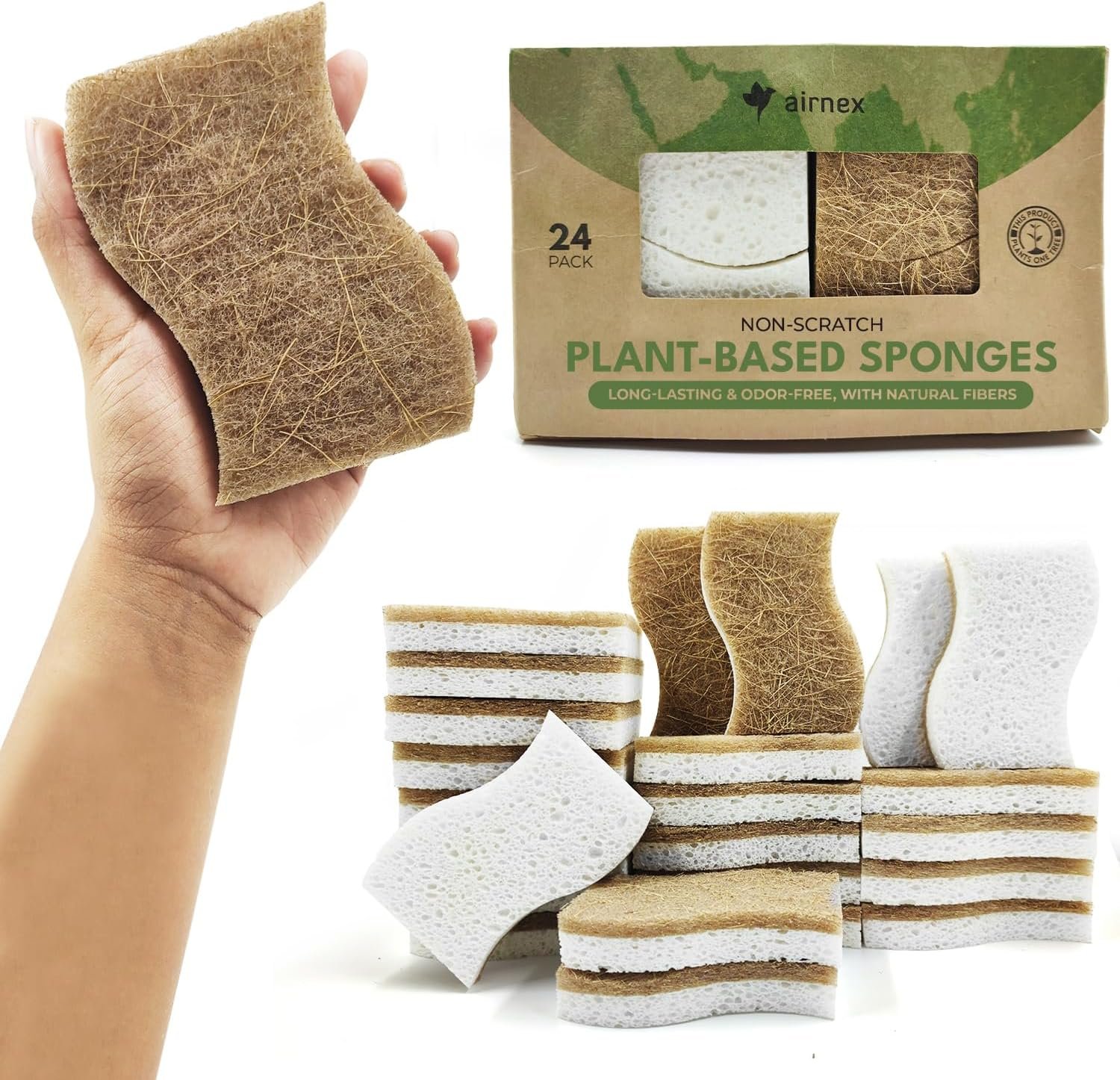 AIRNEX Natural Kitchen Sponges (24 Pack) – Biodegradable Cellulose & Coconut Scrubber Dish Sponges for Kitchen – Eco-Friendly, Non Scratch, Compostable, Non Toxic S-Shaped Natural Sponges for Dishes