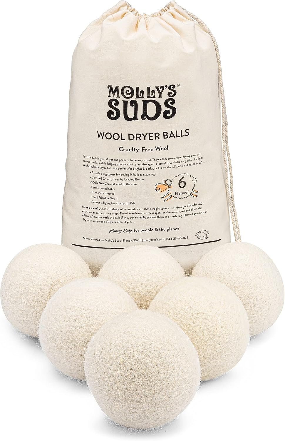 Molly’s Suds Wool Dryer Balls | XL, Premium Organic Fabric Softener, Hypoallergenic, Hand-Felted, Reusable, Reduce Drying Time | White, Set of 6