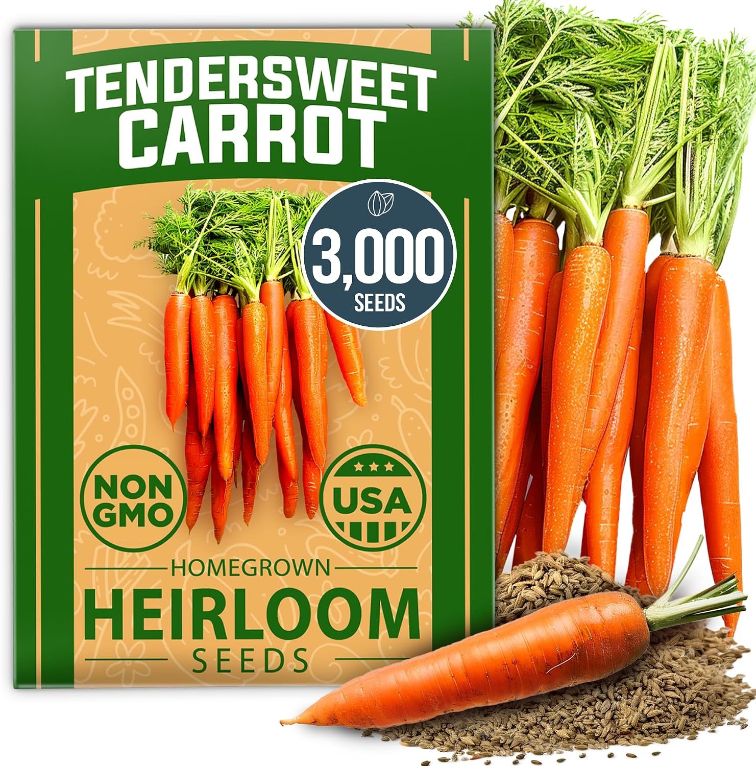 HOME GROWN Tendersweet Carrots Seeds 3000+ Heirloom Non-GMO Seeds for Planting,High Germination,Sweetest Coreless Root Vegetable, Crunchy Summer Garden,Great for Canning (Daucus carota subsp. sativus)
