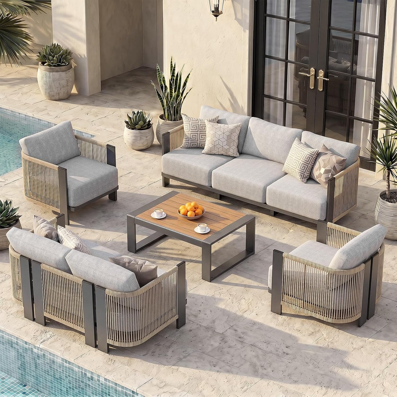 Vexwalx Luxury Patio Furniture Set, 5-Piece Curved Outdoor Furnitrue Set with Weather-Resistant Aluminum Frame and 7.1″ Thicker Cushion, Woven Rope Patio Conversation Set for Deck, Garden