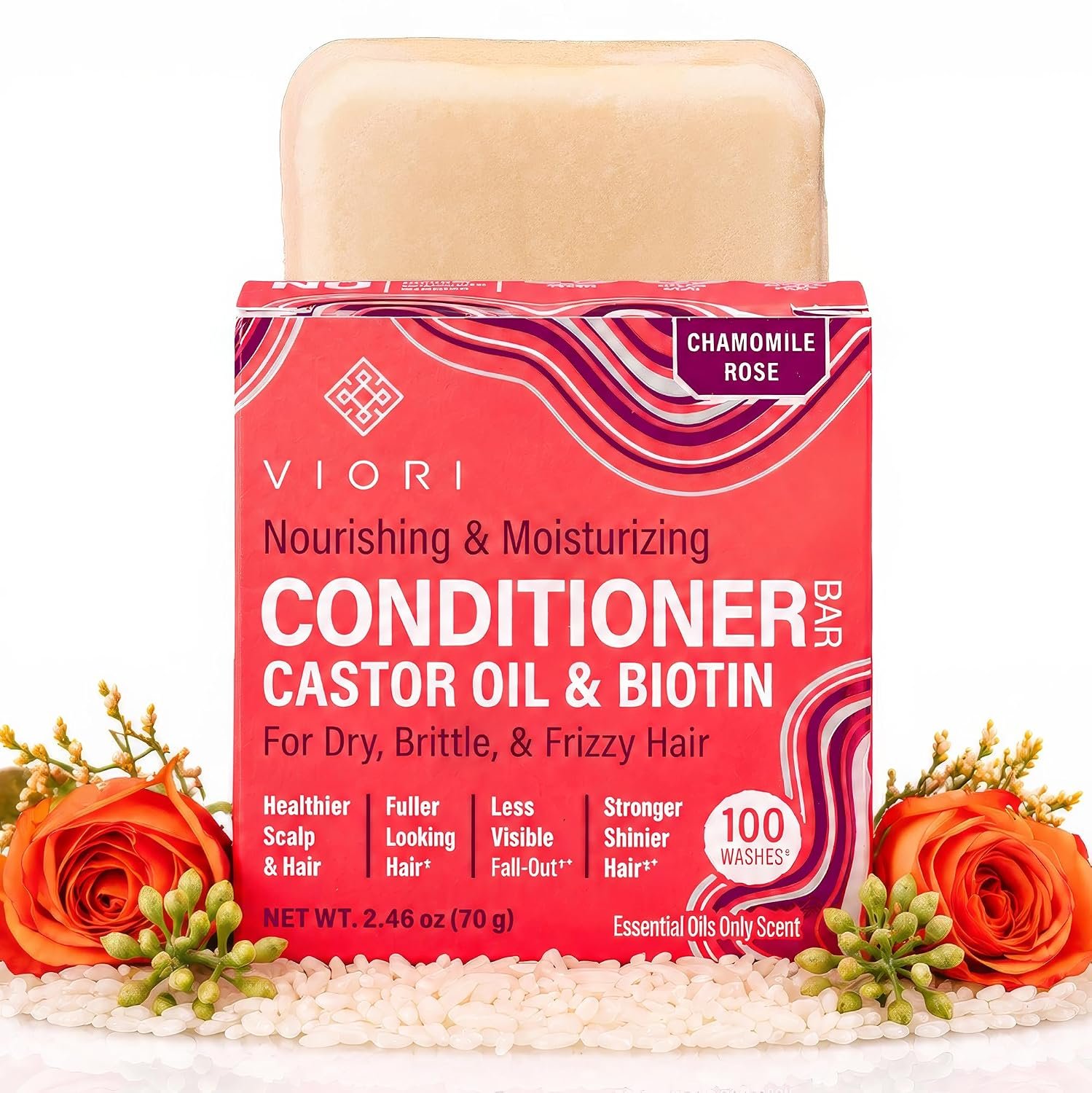 Viori Chamomile Rose Soothing Conditioner Bar – Essential Oil, Rice Water | Soothing chamomile & rose scent; detangles & conditions; handcrafted with Longsheng rice water; vegan, plastic-free