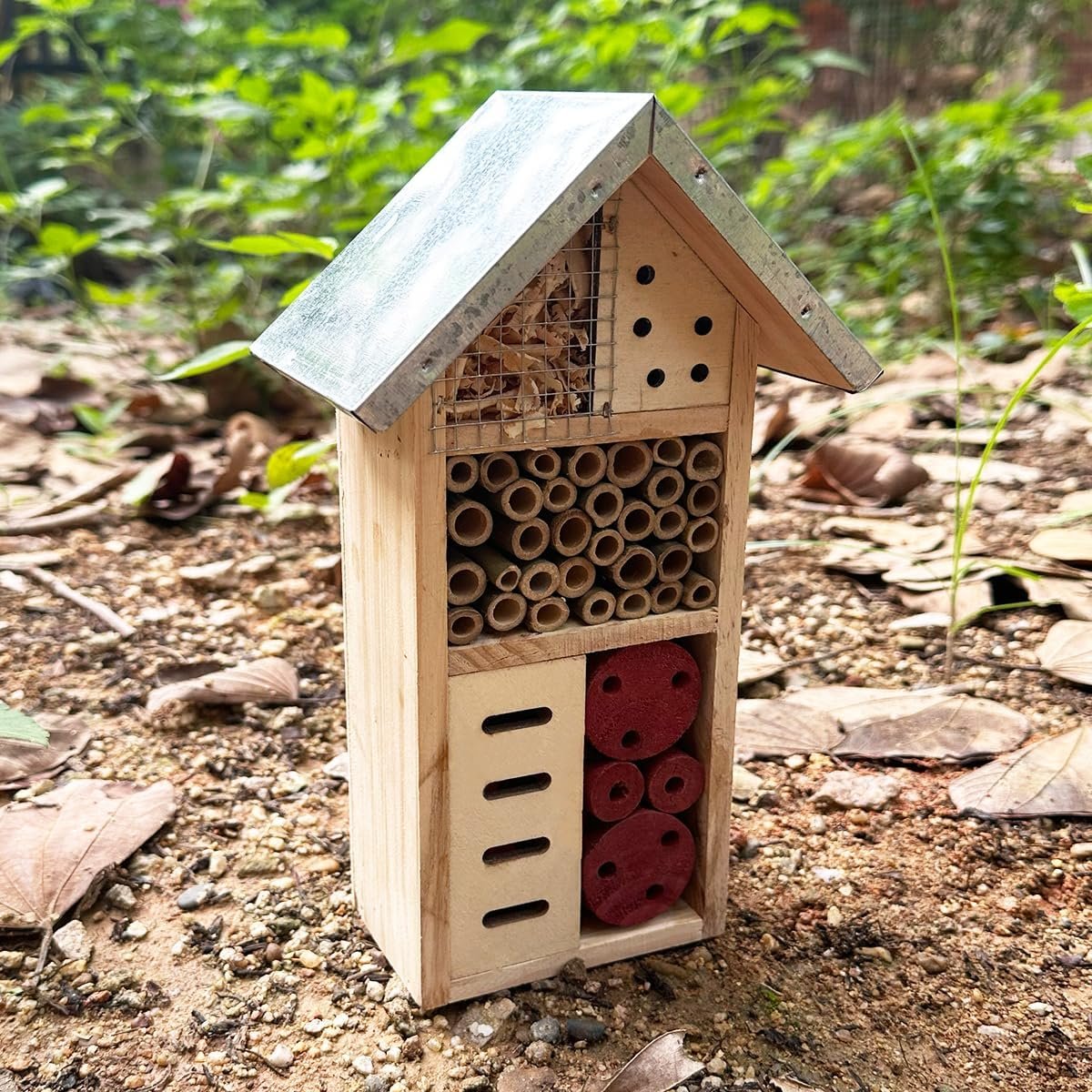 Wooden Insect Hotel for Garden – Bee House & Ladybug House, Pollinator Bug Hotel/Bug House to Attract Beneficial Garden Insects (Tin Color)