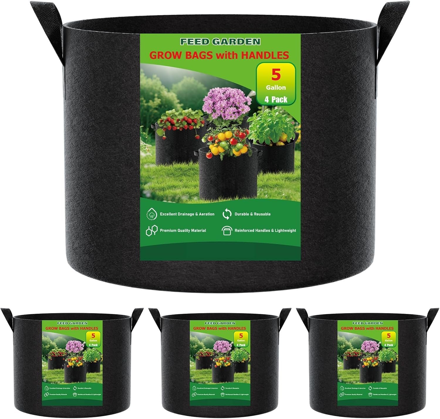 5 Gallon Grow Bags 4 Pack – 300G Non-Woven Thickened Fabric Plant Pots with Reinforced Handles, Breathable Drainage Planters for Vegetables, Flowers & Herbs Indoor Outdoor