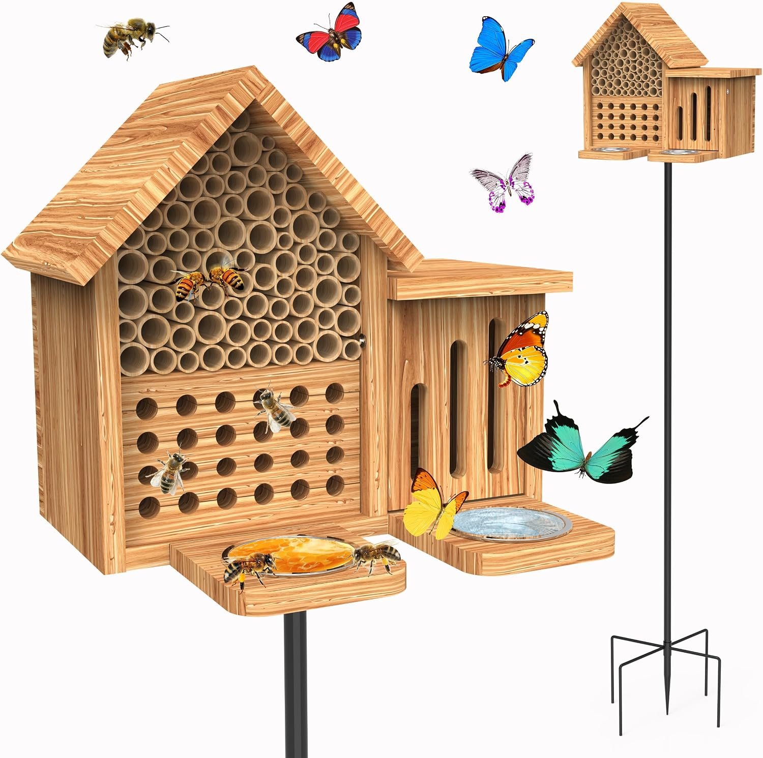 Mason Bee House Wooden Butterfly House with Feeders and Metal Stake, Insect Hotel for Garden Backyard, Natural Handmade Waterproof Bugs House, Attracts Bee, Butterfly, Ladybirds Pollinators