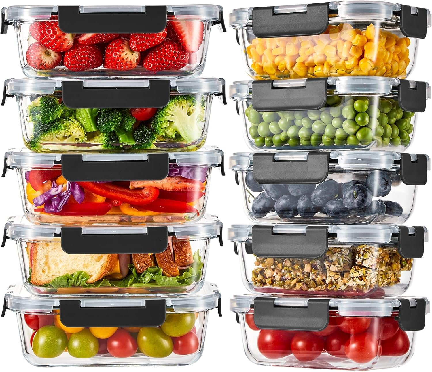 Liuruiyu 10 Pack Glass Food Storage Containers with Lids, Meal Prep Containers, Airtight Bento Boxes with Leak Proof Locking for Microwave, Oven, Freezer and Dishwasher, BPA Free