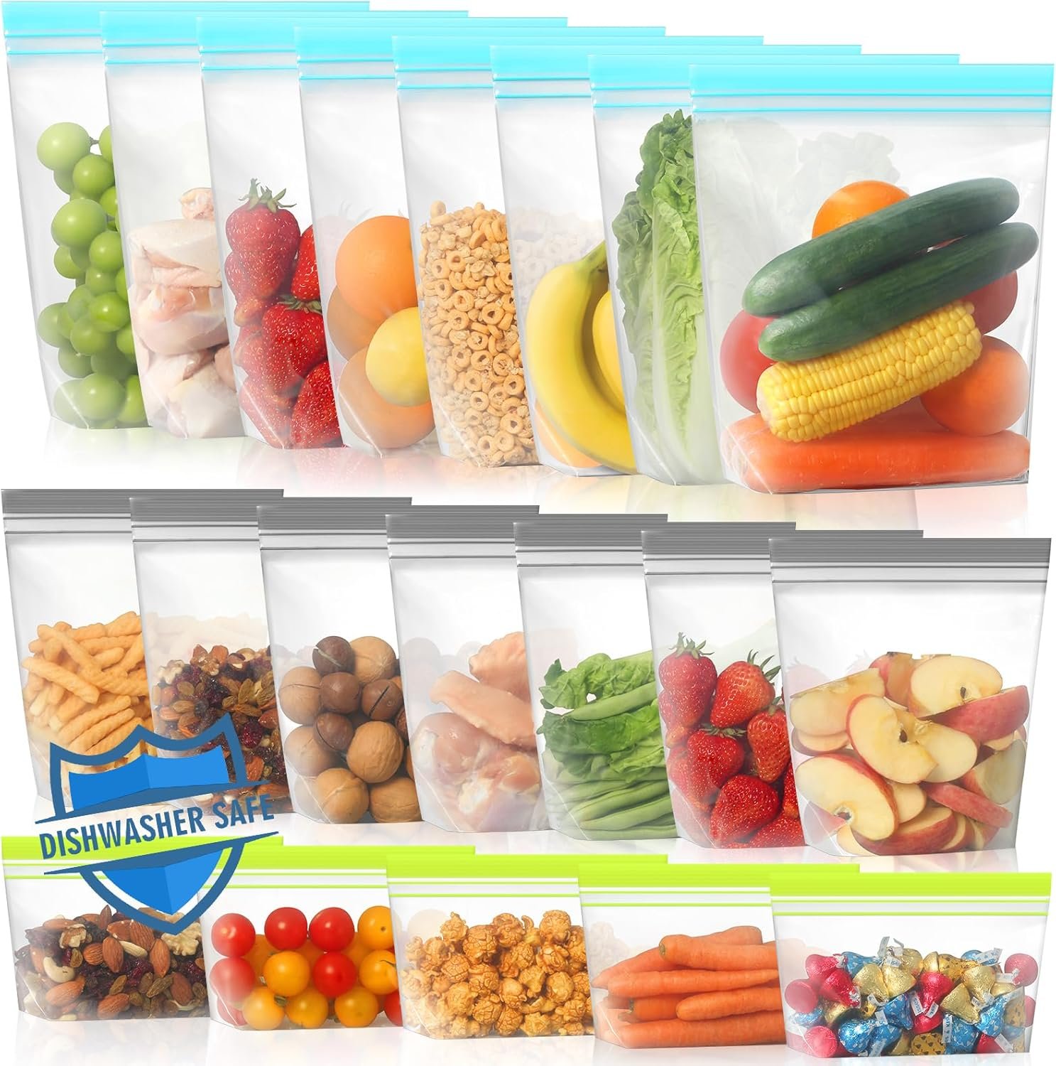 Lerine 20 Pack Reusable Freezer Bags Dishwasher Microwave Safe, Stand Up BPA Free Reusable Sandwich Bags, Silicone Free Leakproof Food Storage Bags for Meal Prep – 8Gallon 7Sandwich 5Snack