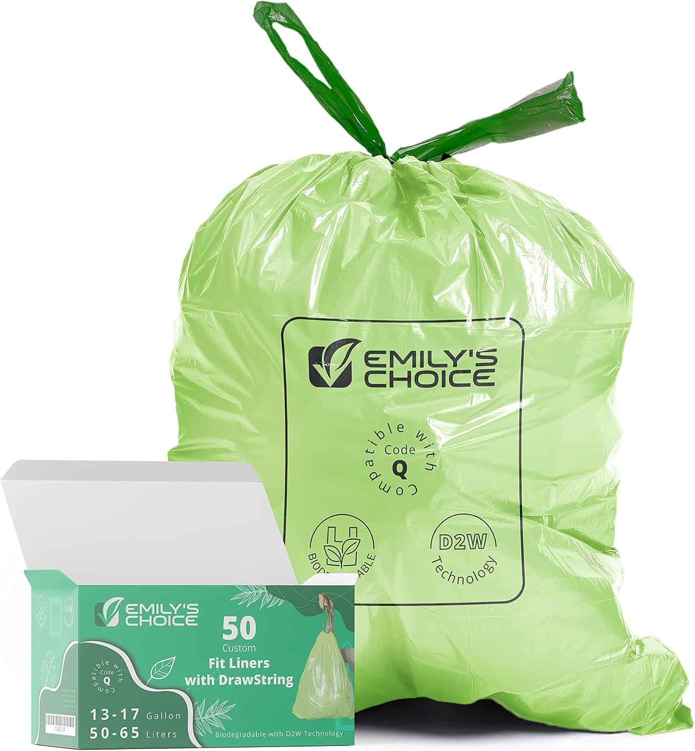 Emily’s Choice Biodegradable Trash Bag Code Q (50 count), Heavy Duty Tall Trash Bag compatible with Simplehuman Code Q,13-17 Gallons, ATSM 6954, D2W, 1.2mil / 30 micron Thickness