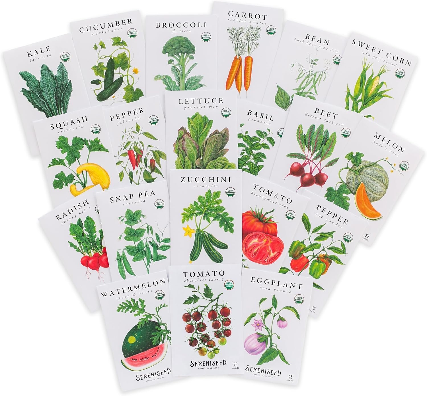 Sereniseed Certified Organic Vegetable Seeds (20-Pack) – Non GMO, Open Pollinated – Basil, Snap Pea, Broccoli, Bean, Jalapeno, Tomato, Lettuce, Cucumber, Carrot, Zucchini Seeds for Planting