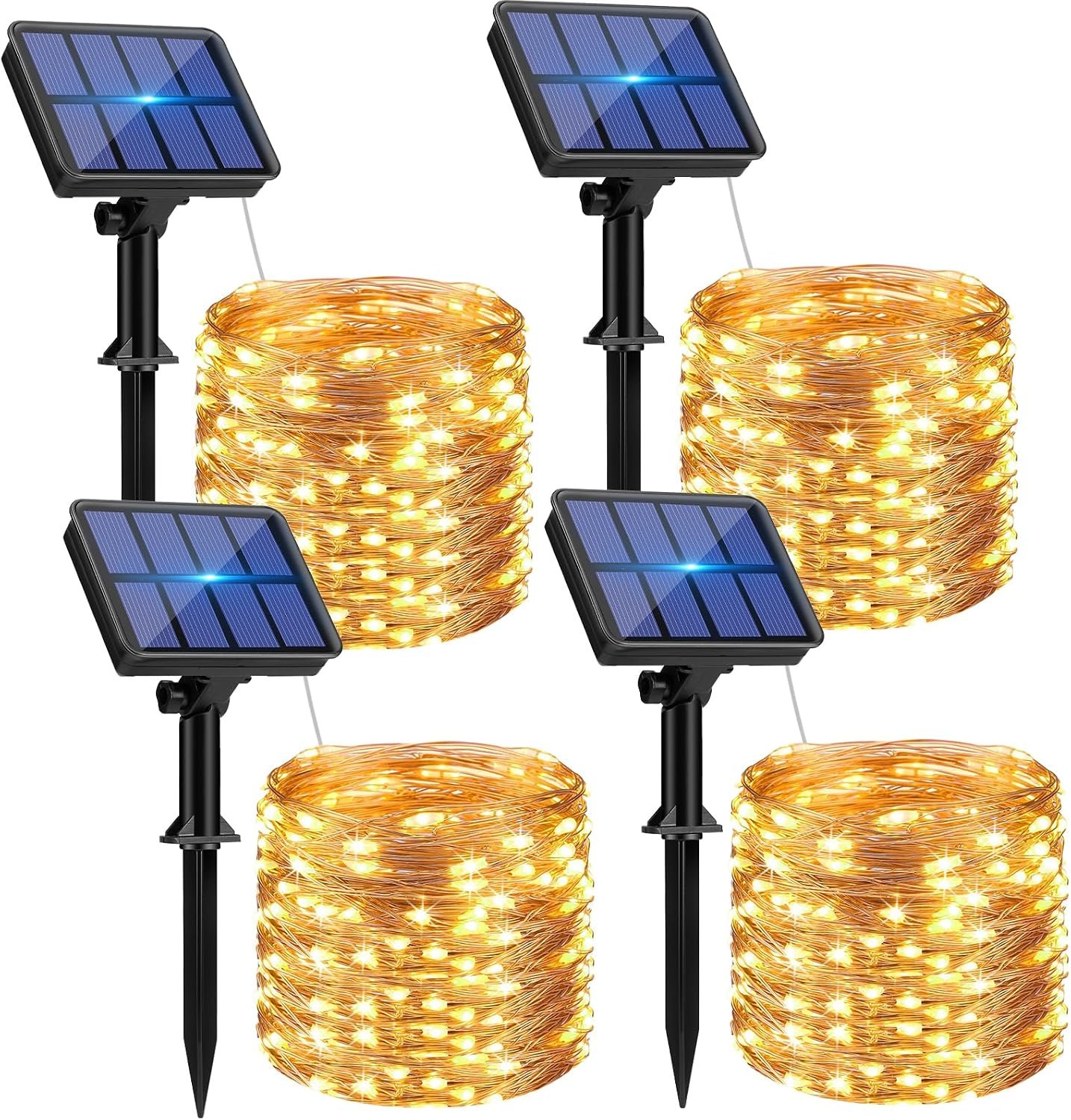btfarm 4 Pack Solar String Lights Outdoor, Total 132FT 320LED Fairy Lights | Solar Twinkle Light Outside Waterproof, 8 Modes, Copper Wire Solar Powered for Christmas Garden Tree Wedding Party,Warm White