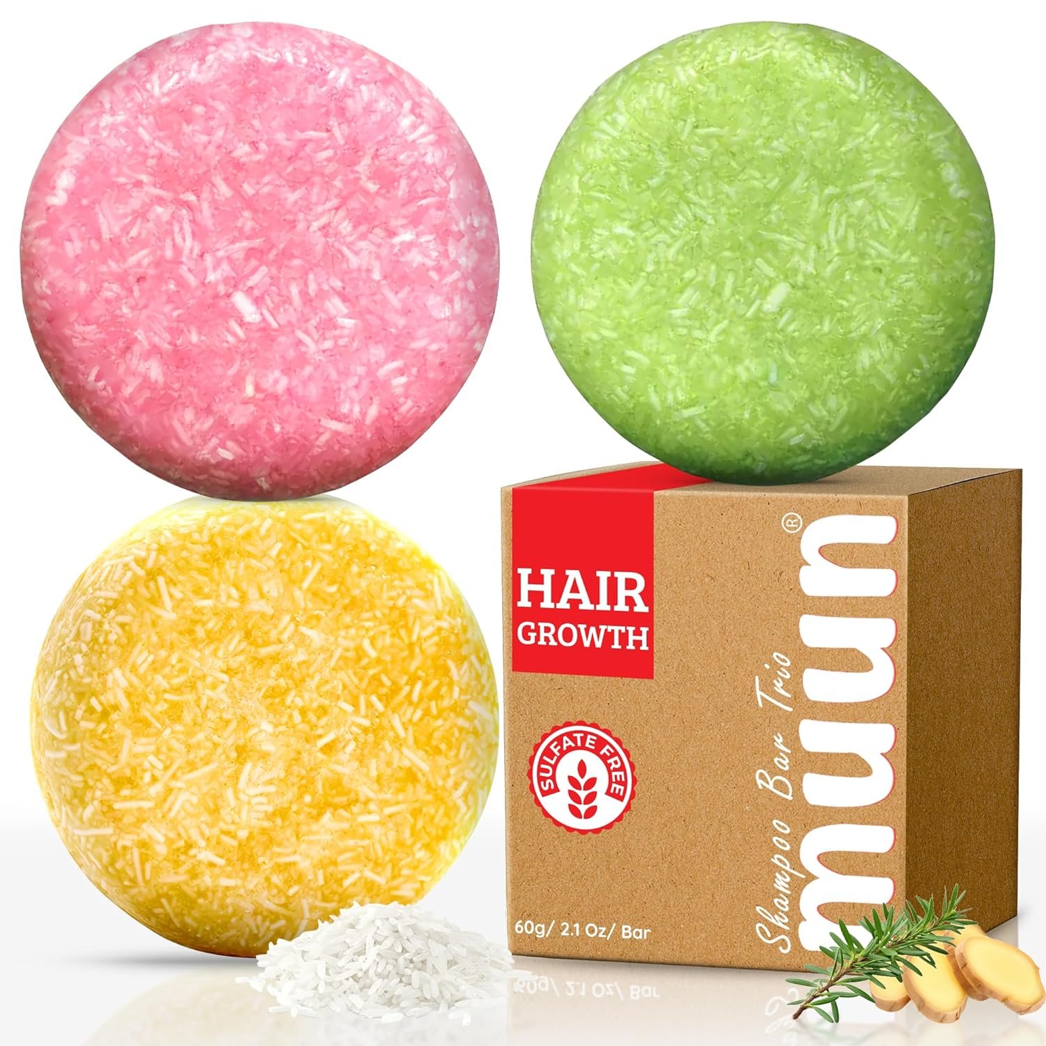Shampoo Bar Pack 3 Ginger Rosemary & Rice Water Solid Hair Growth Soap Bars