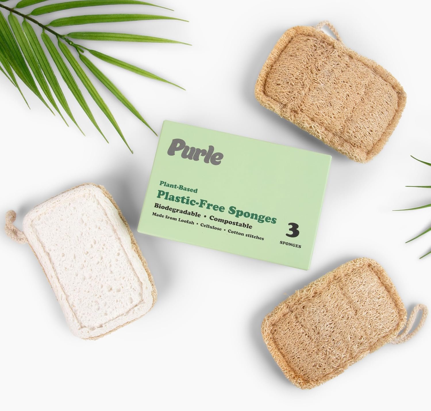 Purle Natural Kitchen Sponges, Eco-Friendly, Compostable Dish Sponges, Loofah & Cellulose Scrubbers, Plastic-Free, Zero-Waste, Biodegradable, Durable, Non-Scratch, Pack of 3