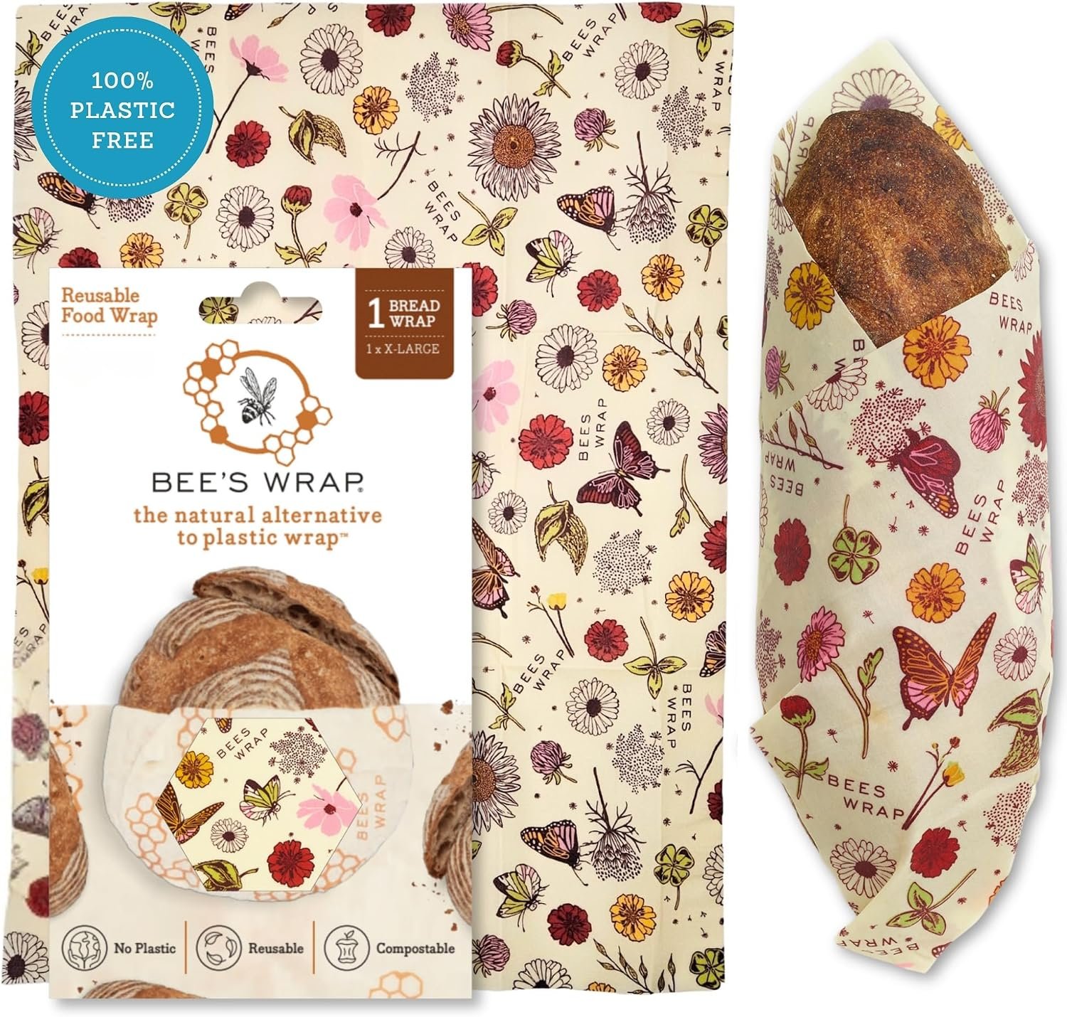 Bee’s Wrap Beeswax Bread Wrap – Meadow Magic | Organic Beeswax Wraps – Plastic Free – Reusable Bread Storage – Sourdough, Artisan Loaves & Homemade Bread – Made in USA