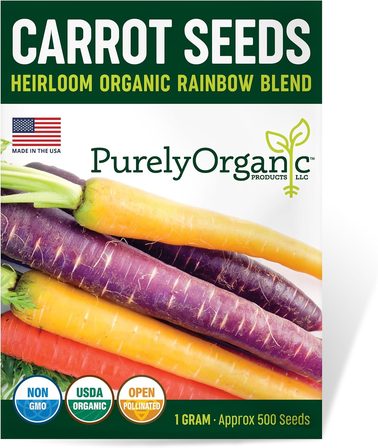Organic Carrot Seeds (Rainbow Blend) – Approx 500 Seeds – USDA Organic, Non-GMO, Open Pollinated, Heirloom, USA Origin