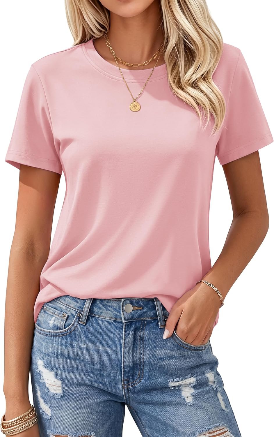 MAGCOMSEN Women’s T Shirts Cotton Short Sleeve Shirts Crew-Neck Summer Tops Classic-Fit Tees Breathable Casual Clothes