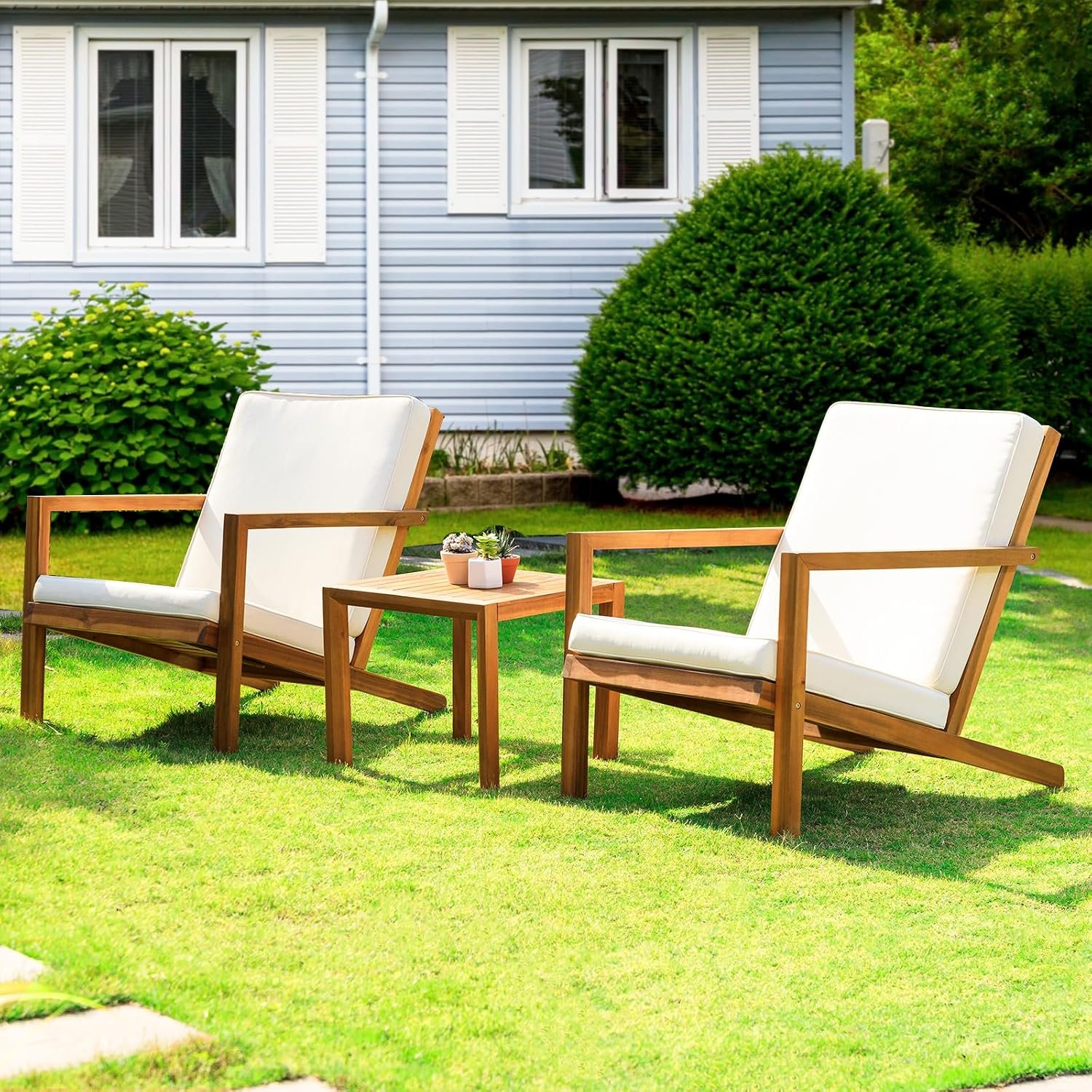 Natural 3-Piece Patio Bistro Sets with Foldable 400lbs Weight Chairs, a 220lbs Shelf Table, Made from FSC-Certified Acacia Wood, Featuring Washable Cushions and an Ergonomic Design
