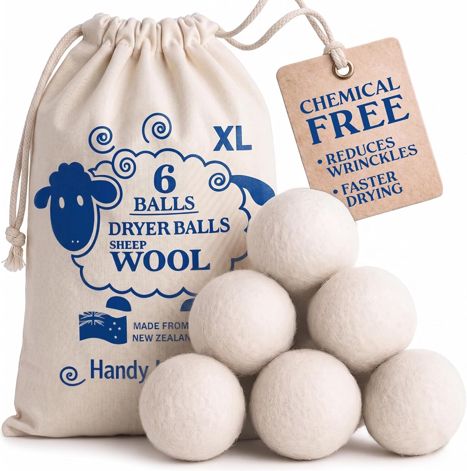 Handy Laundry Wool Dryer Balls – Natural Fabric Softener, Reusable, Reduces Clothing Wrinkles and Saves Drying Time, Better Alternative to Plastic Balls and Liquid Softener (Pack of 6)