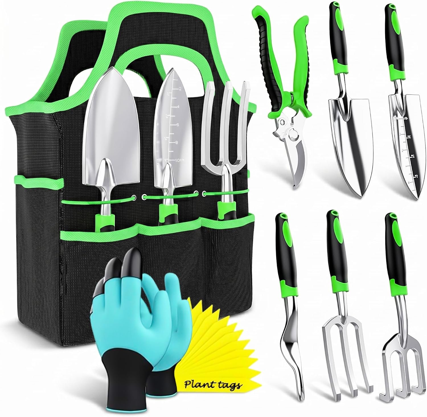 Garden Tools Set 8 PCS Heavy Duty Stainless Steel Gardening Tools for Women Men, Rust Proof Hand Trowel, Pruner, Weeder, Garden Hand Rake with Tote Bag, 15 Plant Tags, Ergonomic Gardening Hand Tools
