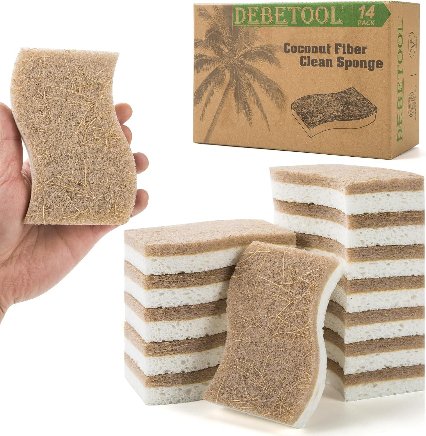 DEBETOOL 14 Pack Coconut Sponge with Cellulose, White | Natural Dish Sponge & Kitchen Sponges for Dishes & Household Cleaning