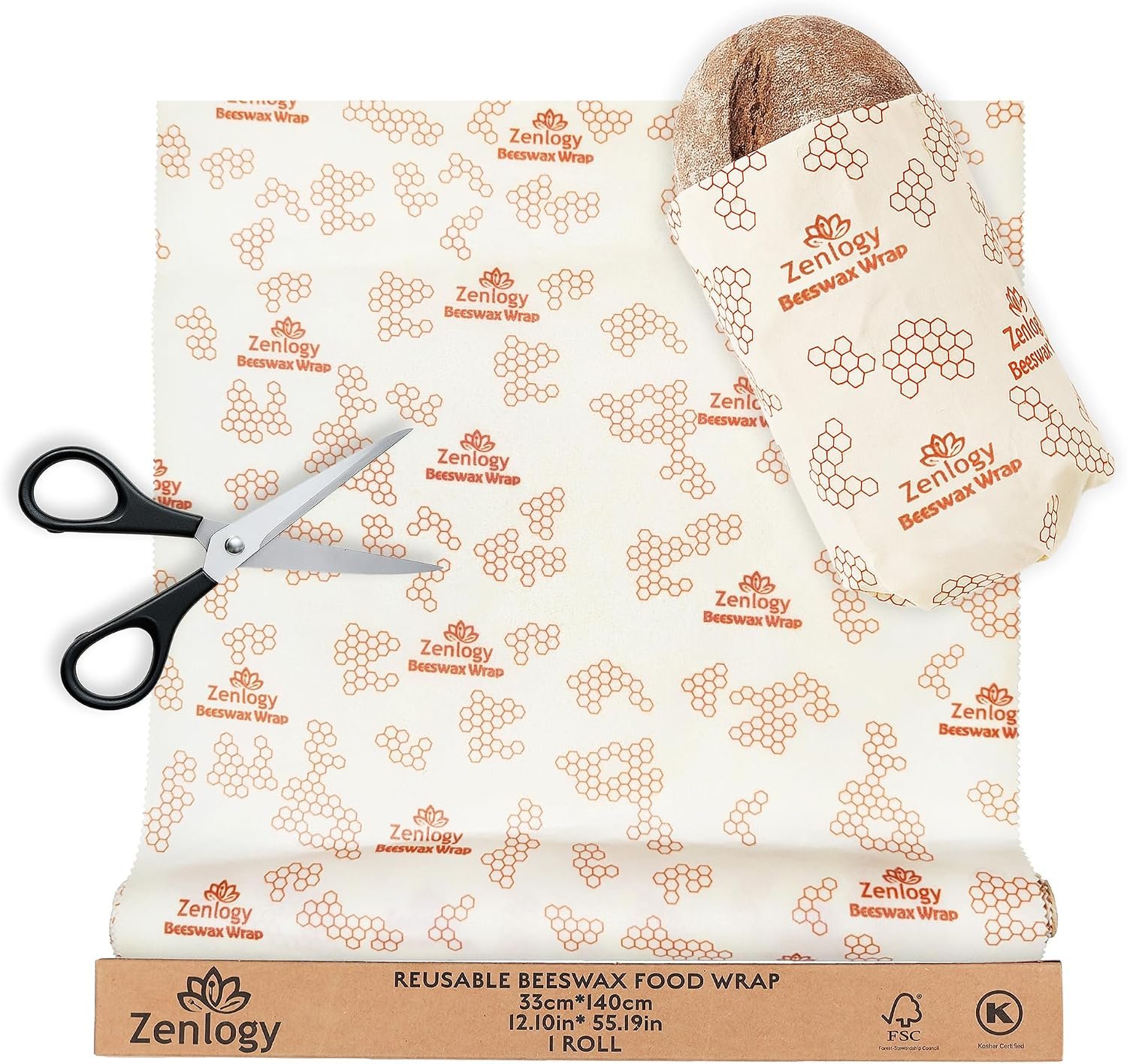 Zenlogy Beeswax Food Wrap Roll, 13 x 55 Inches, Organic Cotton, Reusable | Cut to Any Size, Washable, Plastic-Free Food Storage, Eco-Friendly