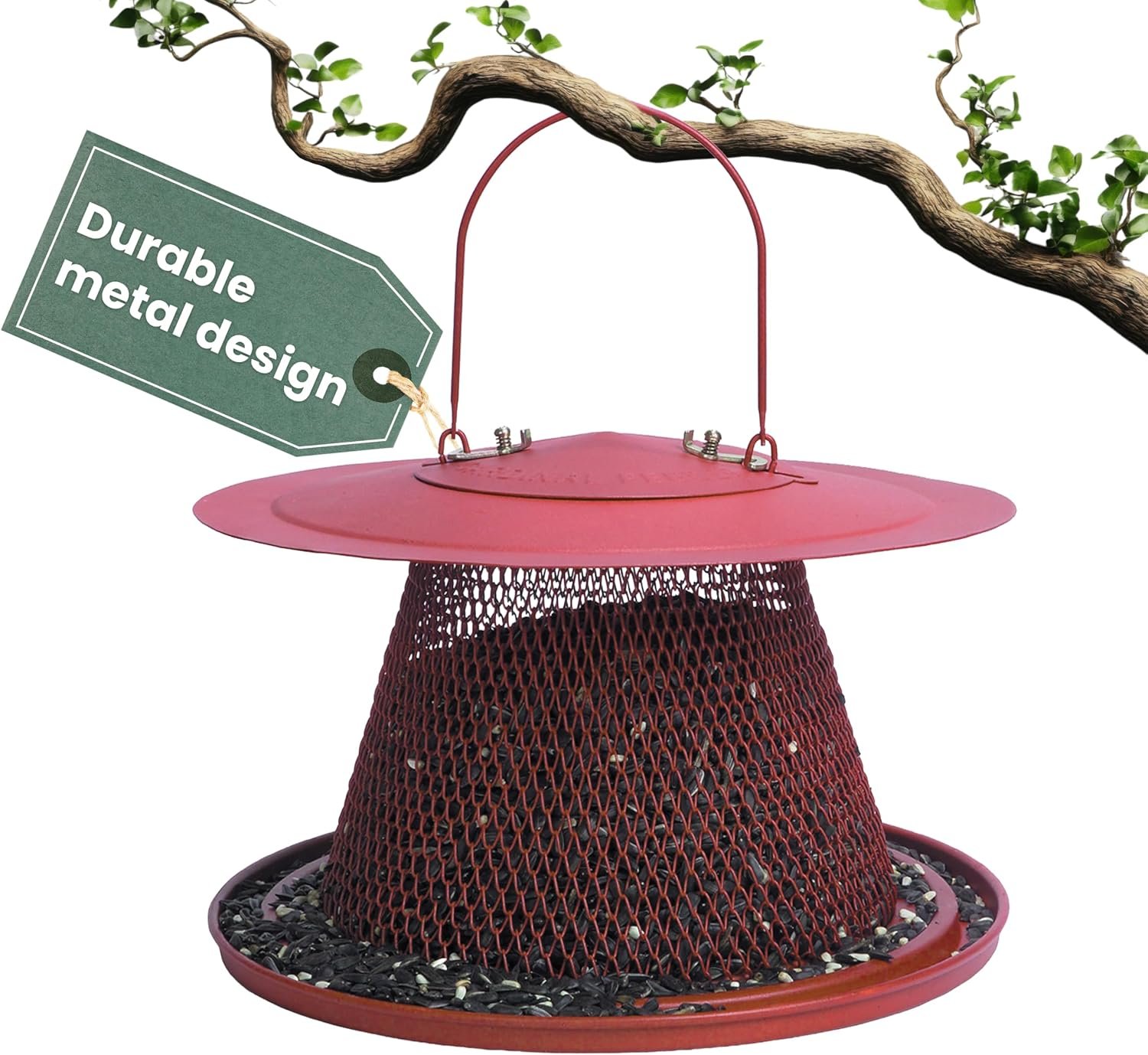 Perky-Pet Red Cardinal Wild Bird Feeder, 2.5 lb Seed Capacity | Holds Up to 15 Birds Simultaneously, Metal Hanging Feeder for Outdoors, Mesh Design, Built-In Hook & Circular Tray, C00322