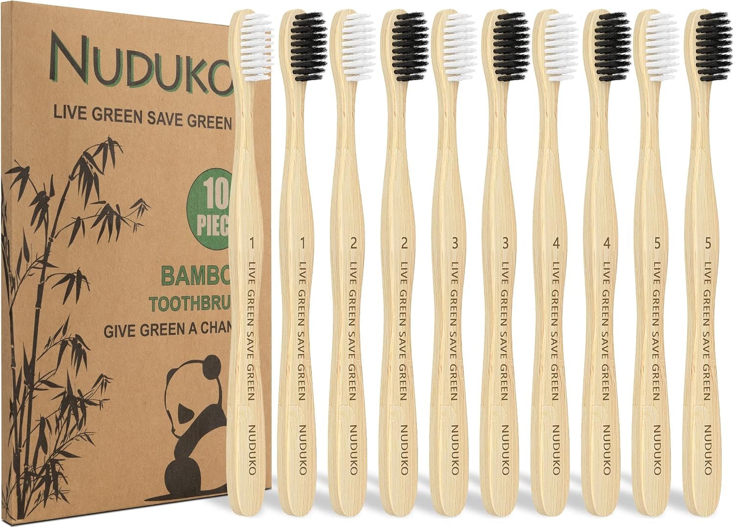 Bamboo Toothbrushes 10 Pack, BPA Free Biodegradable Soft Bristle Toothbrush | NUDUKO Eco-Friendly Natural Tooth Brush, Organic Soft Toothbrushes for Adults and Kids,cepillo de dientes for Sensitive Teeth