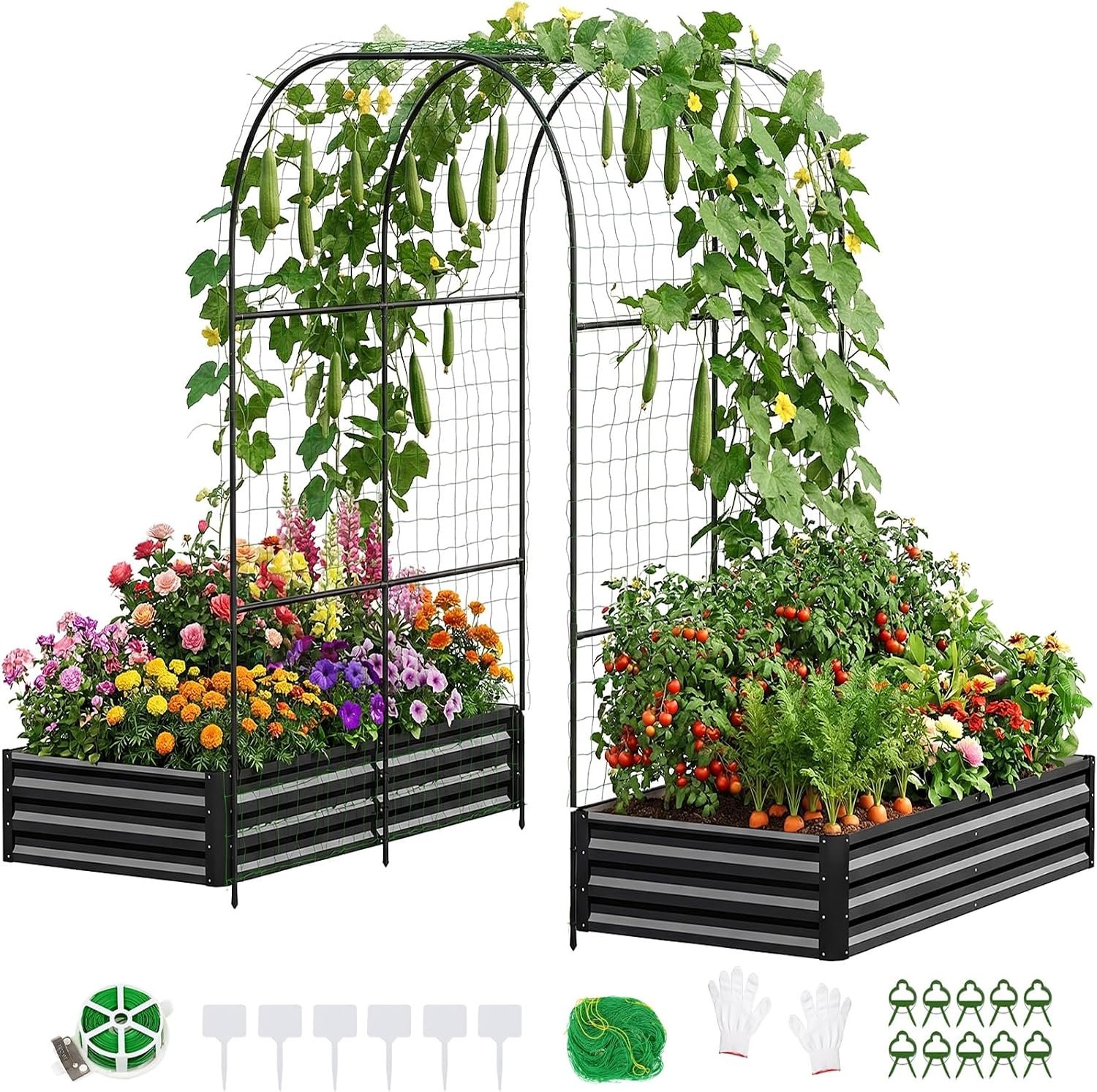 3 in 1 Raised Garden Bed with 87″H Arch Trellis 6x3x1 Ft (Rectangle) | 2 Pcs Galvanized Garden Planter Box Outdoor Metal Gardening Beds with Climbing Net for Fruits, Vegetables, Flower (Black)
