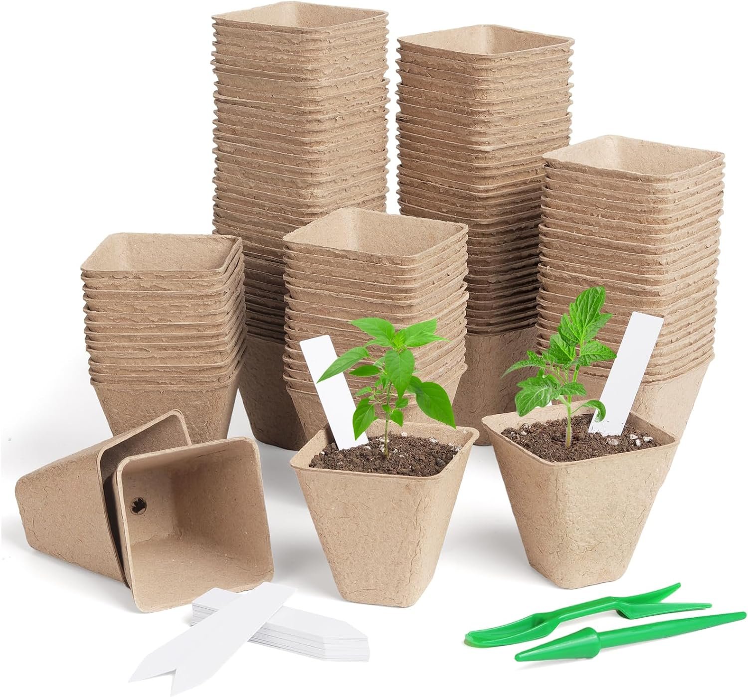 KOAMLY Square Peat Nursery Pots 150 Pcs 3in Biodegradable and Label, Used for Outdoor Gardens in Plant Nurseries