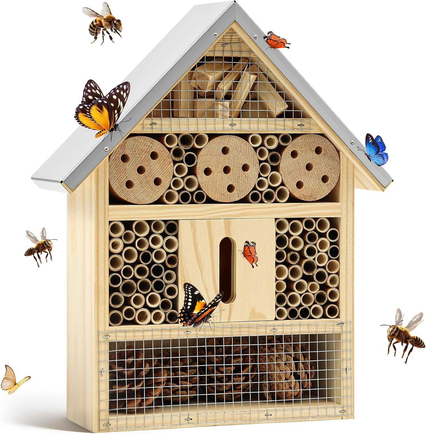 UUMENHA Insect Hotel & Mason Bee House – Butterfly House,Multi-Functional Bee Hotel for Garden, Attract Pollinators,Durable Natural Wood Design,4.13×2.56×10.63 inches