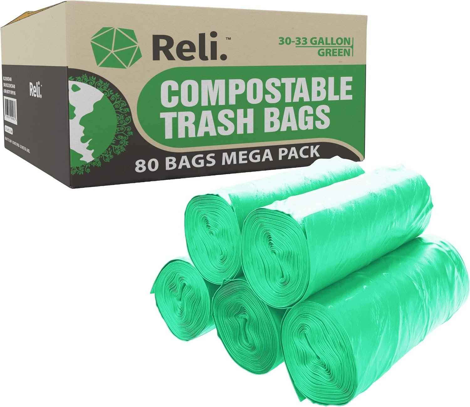Reli. Compostable 33 Gallon Trash Bags | 80 Count Bulk | Green | ASTM D6400 | Eco-Friendly | For Compost | Leak-Proof Garbage Bags