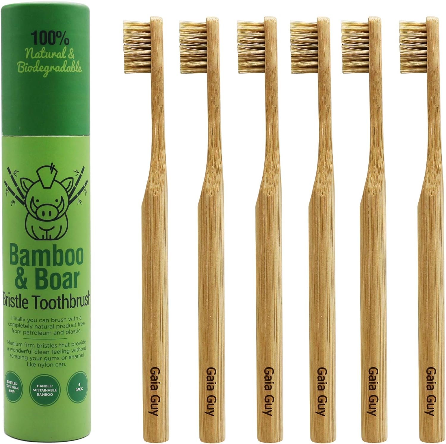 Gaia Guy Natural Bristle Bamboo Toothbrush (NO Nylon – Boar Hair ONLY) – Totally Compostable & Biodegradable Boar Bristle and Bamboo Toothbrushes – Zero Waste – 6-Pack