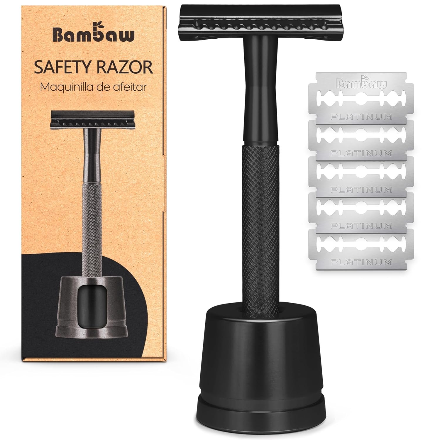 Bambaw Double Edge Safety Razor with 5 Safety Razor Blades, Single Blade Razor for Men with Razor Stand, Double Edge Razor, Safety Razors for Men – Black