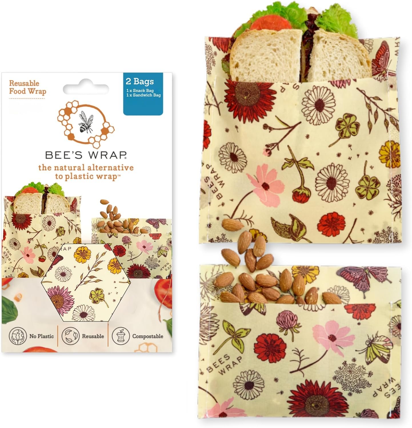 Bee’s Wrap Beeswax Food Wraps, Sandwich & Snack Bags, 2 Pack – Meadow Magic | Organic Beeswax Wraps – Plastic Free – Reusable Food Storage – Sandwiches, Snacks & Lunches – Made in USA