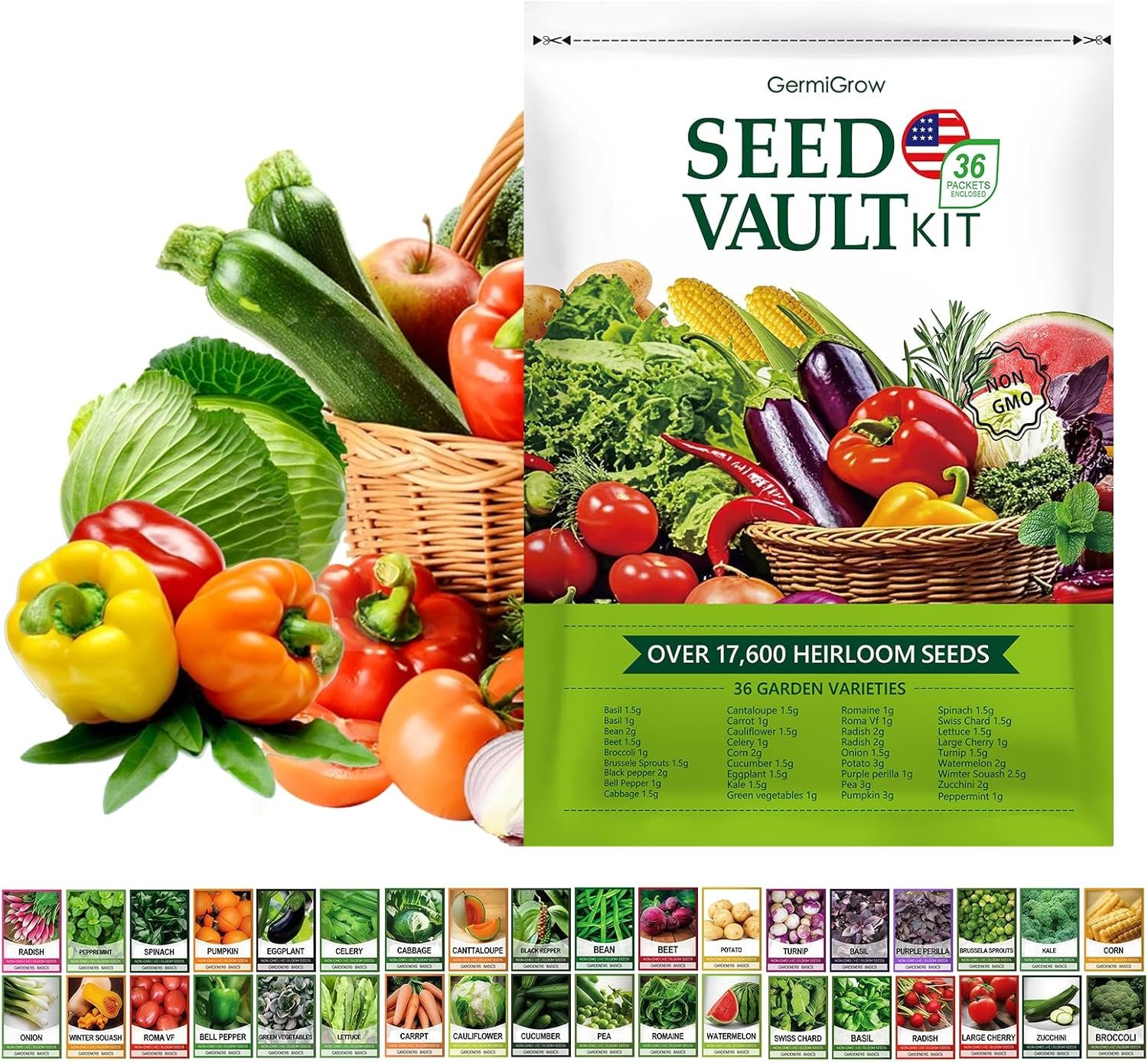 36 Vegetable Variety Pack – 17,600+ Non-GMO Heirloom Seeds for Planting Vegetables and Herbs, 36 Individually Packed Seed Packets for Indoor, Outdoor, Greenhouse & Hydroponic