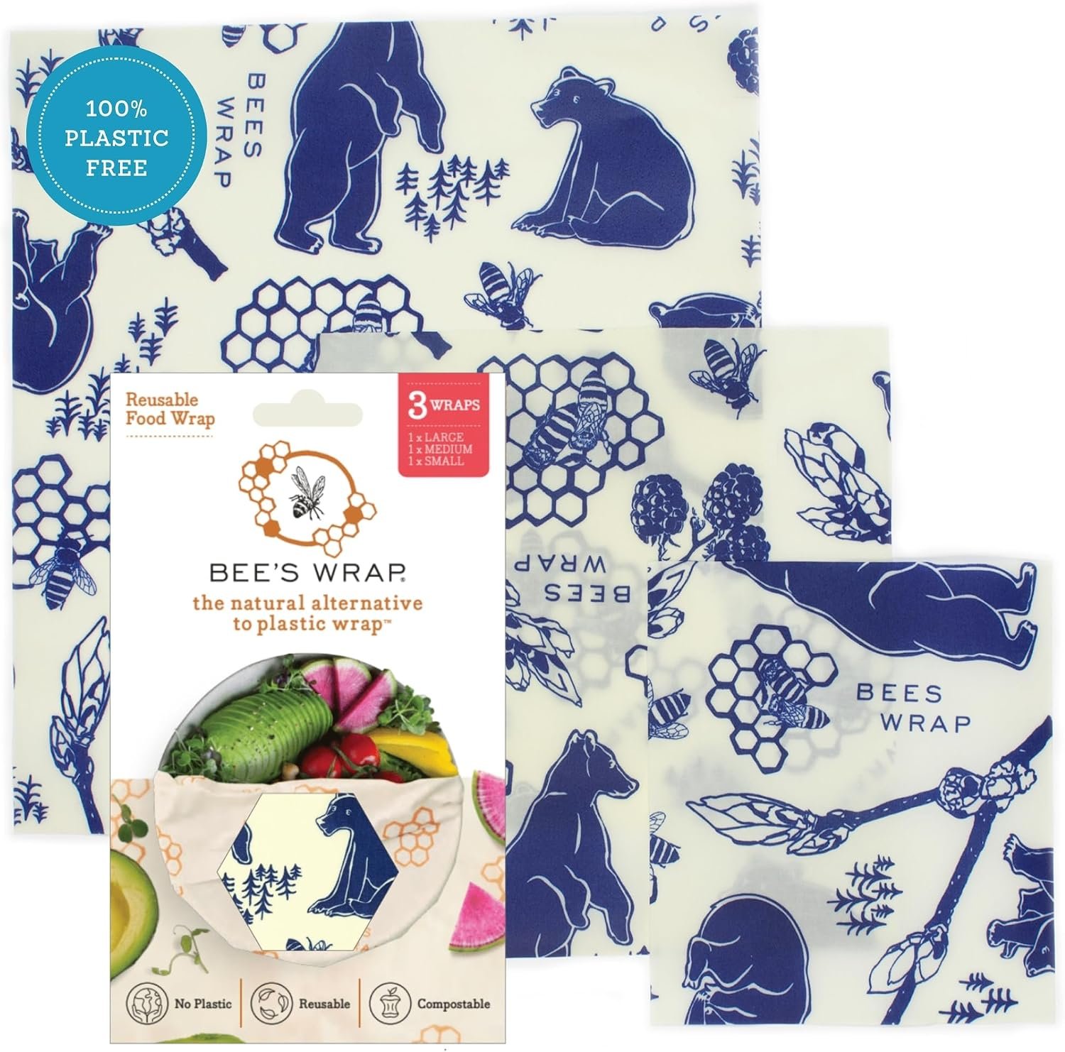 Bee’s Wrap Beeswax Food Wraps, 3 Pack Assorted – Bees & Bears | Organic Beeswax Wraps – Small, Medium & Large – Plastic Free – Reusable Food Storage – Cheese & Produce – Made in USA