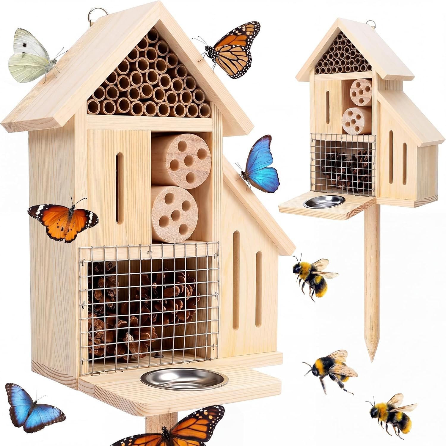 Wooden Insect Hotel Bee Ladybugs Butterfly House Large Natural Mason Bee Lady Bug Hotel with Stake and Feeder for Garden Yard Backyard Attract Butterflies Pollinators Beneficial Insect(Natural)