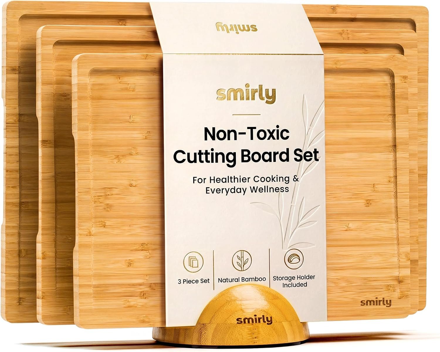 SMIRLY Cutting Boards for Kitchen, 3 Piece Bamboo Cutting Board with Stand | Non Toxic Wooden Cutting Board with Juice Grooves and Handles, Multiple Sizes Chopping Boards for Meat Vegetable Charcuterie