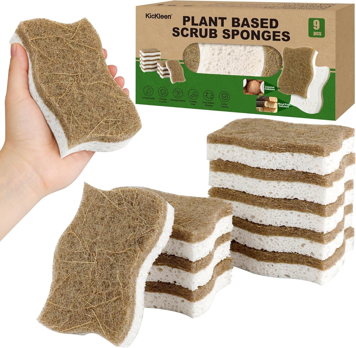 9 Pack Biodegradable Natural Dish Kitchen Sponges | Compostable Cellulose and Coconut Walnut Scrubber Sponge – Eco Friendly Sustainable Sponges for Dishes