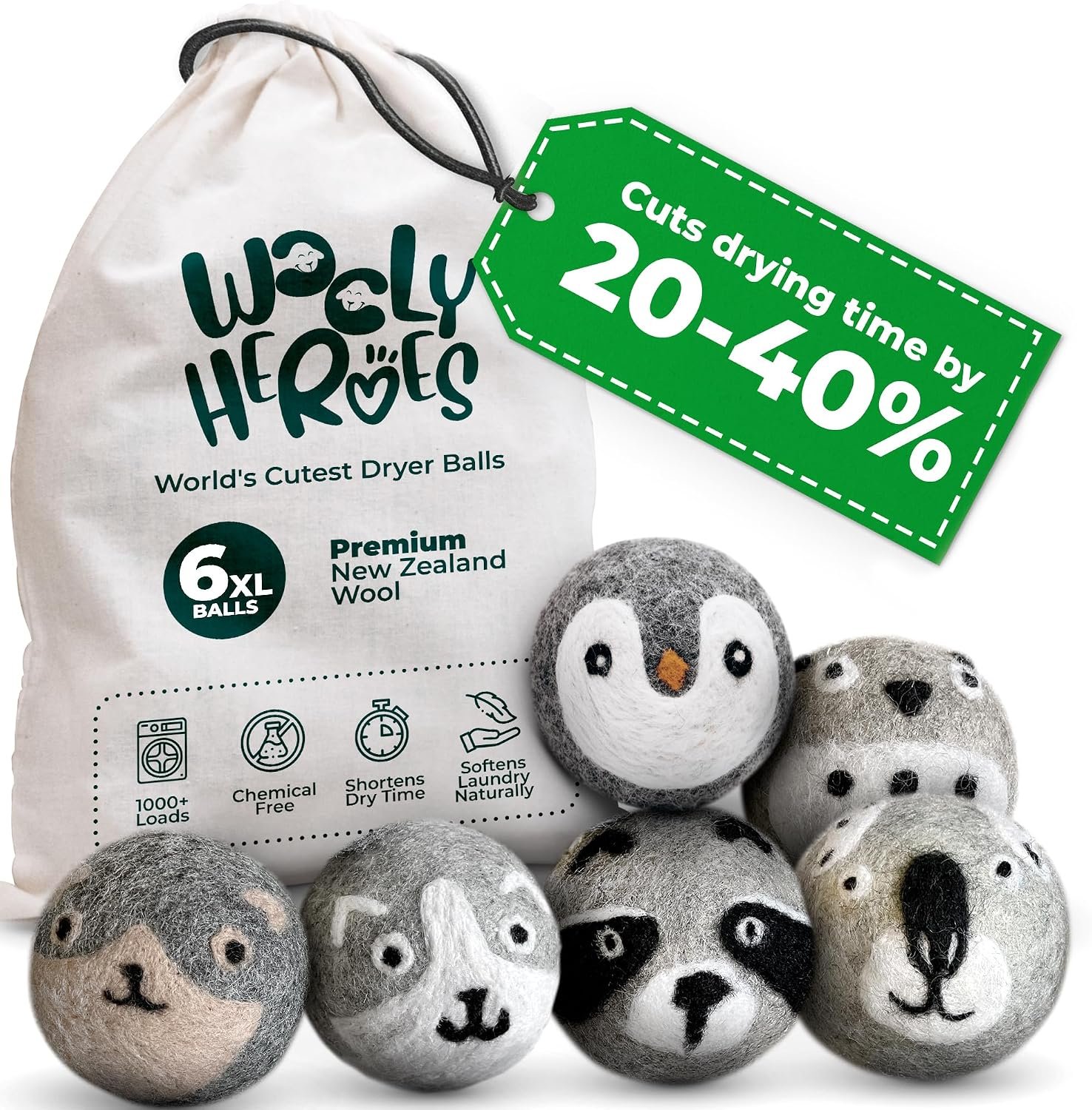 Chemical Free & Baby Safe! Reusable Wool Dryer Balls XL 6-Pack – Reduces Static, Cuts Dry Time, & Softens Naturally