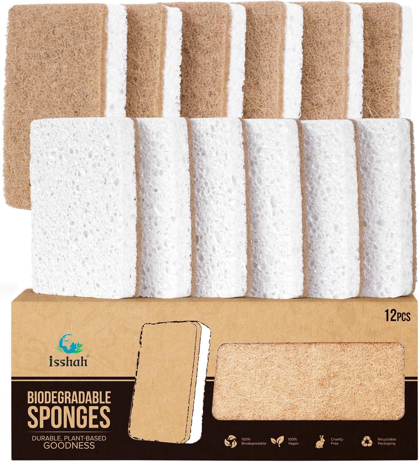 Isshah Plant-Based Kitchen Sponges – FSC Certified and PETA Approved, Natural, Eco-Friendly, Biodegradable Sisal Hemp Sponges for Dishes, Cleaning Sponge for Kitchen, Bathroom, Household – 12 Count