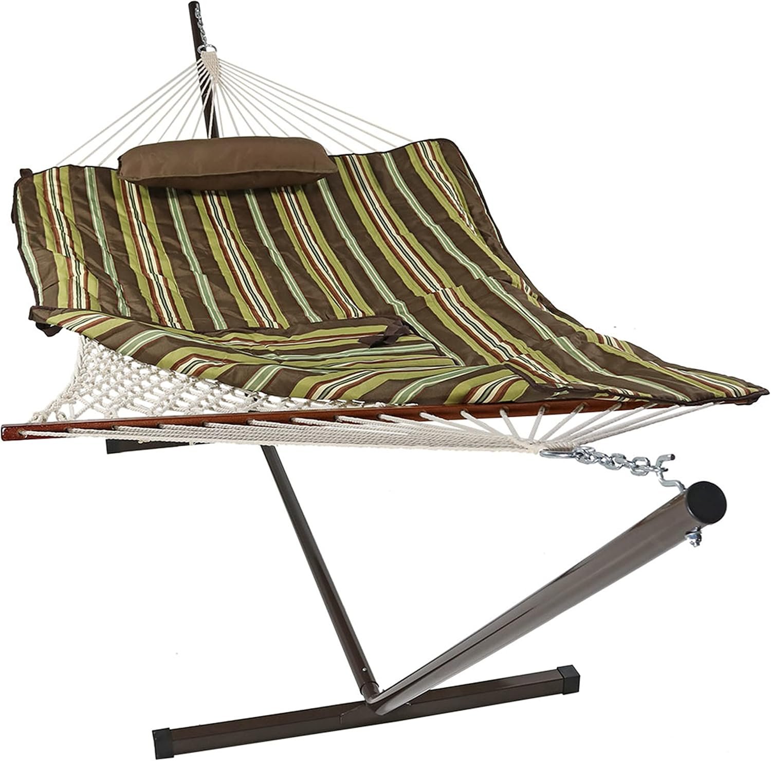 Sunnydaze Rope Hammock with Stand for Outside, 450 lb Capacity | Desert Stripe, Heavy Duty Freestanding Portable Outdoor Hammock Set with Quilted Pad, Pillow, and 12 ft Steel Frame