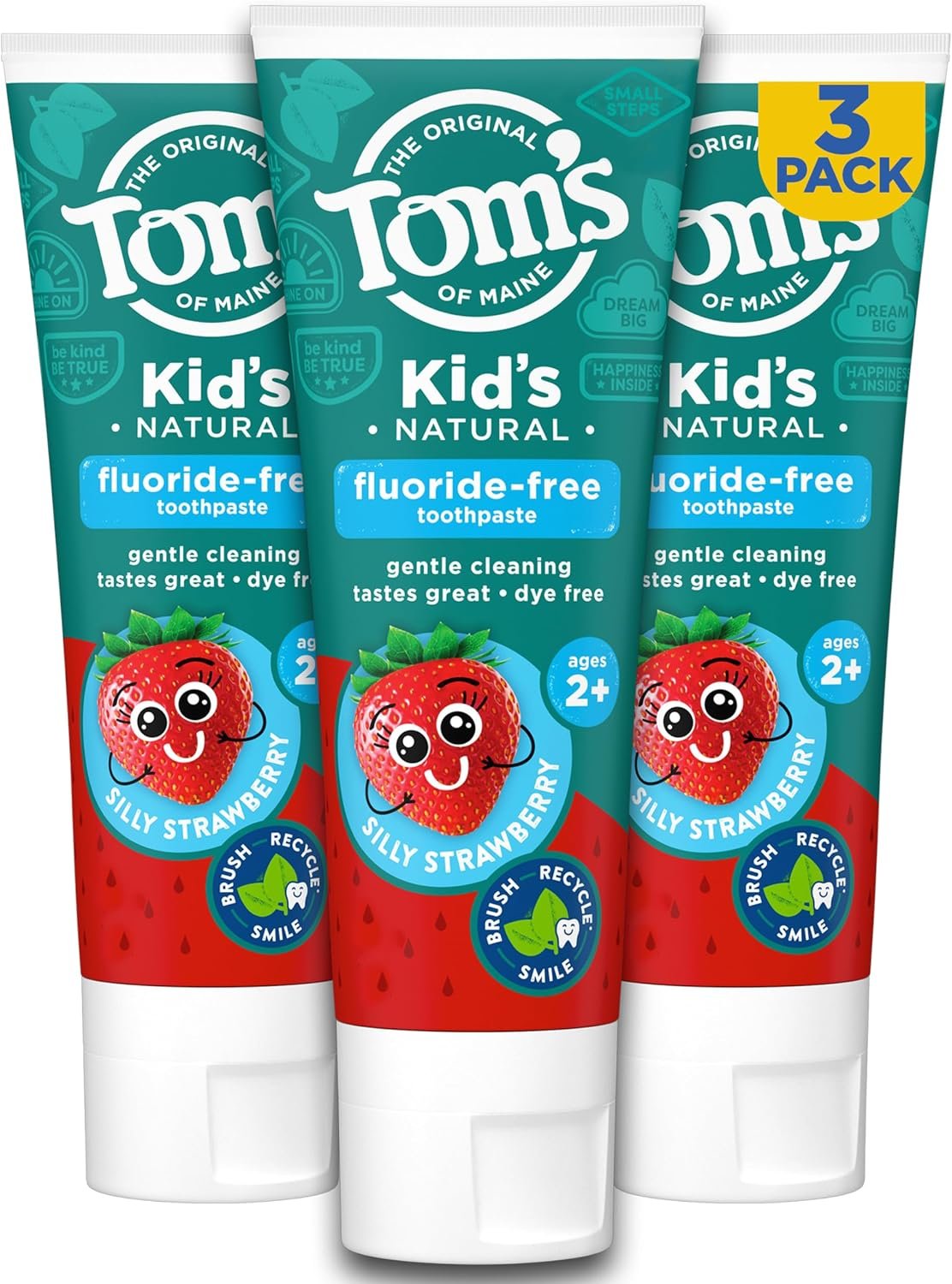 Tom’s of Maine Kids Fluoride Free Toothpaste, Silly Strawberry, 3Pk, 5.1 oz | For Kids Ages 2 and Up, Kids Natural Toothpaste, Gently Cleans, Dye Free, No Artificial Flavors, Sweeteners, or Preservatives