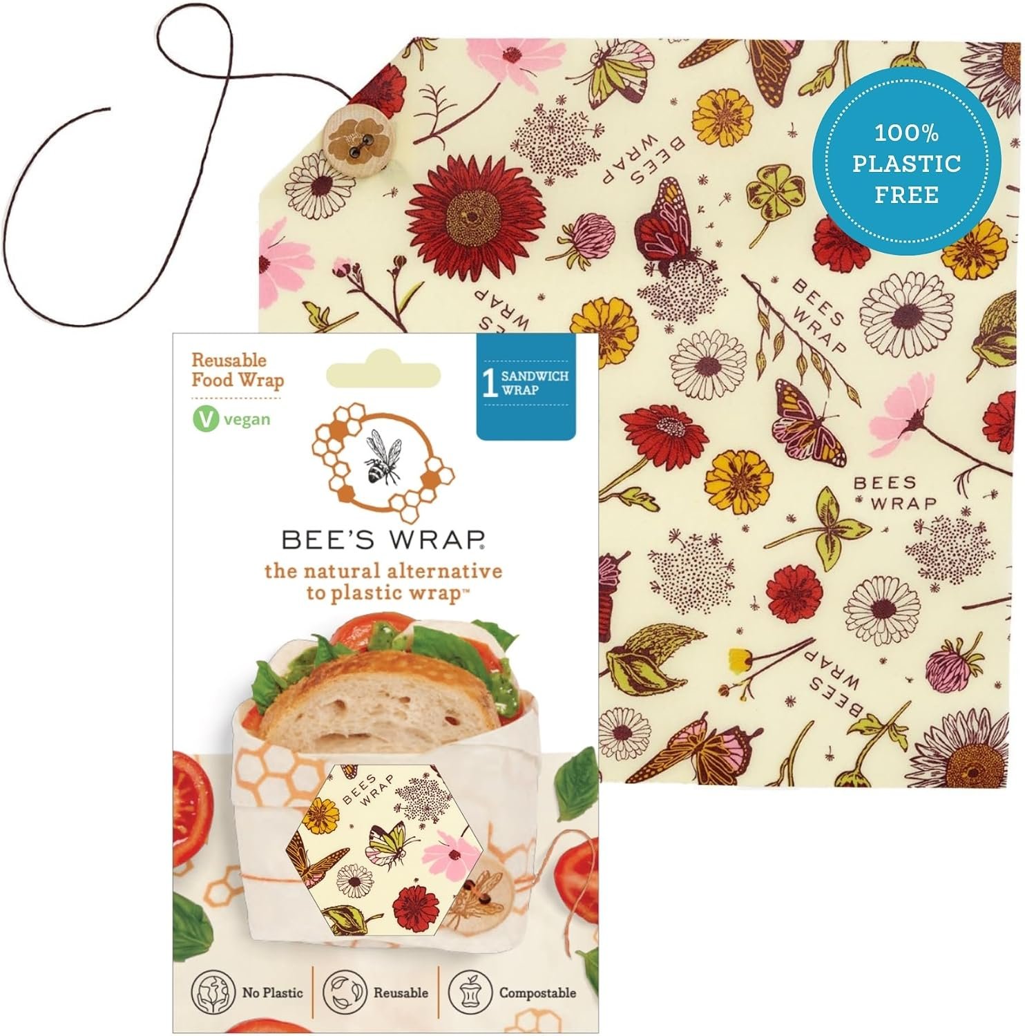 Bee’s Wrap Vegan Sandwich Wrap – Meadow Magic | Button & Tie Closure – Plastic Free – Organic Plant Based Wraps – Reusable Lunch Wrap – Sandwiches & Snacks – Made in USA