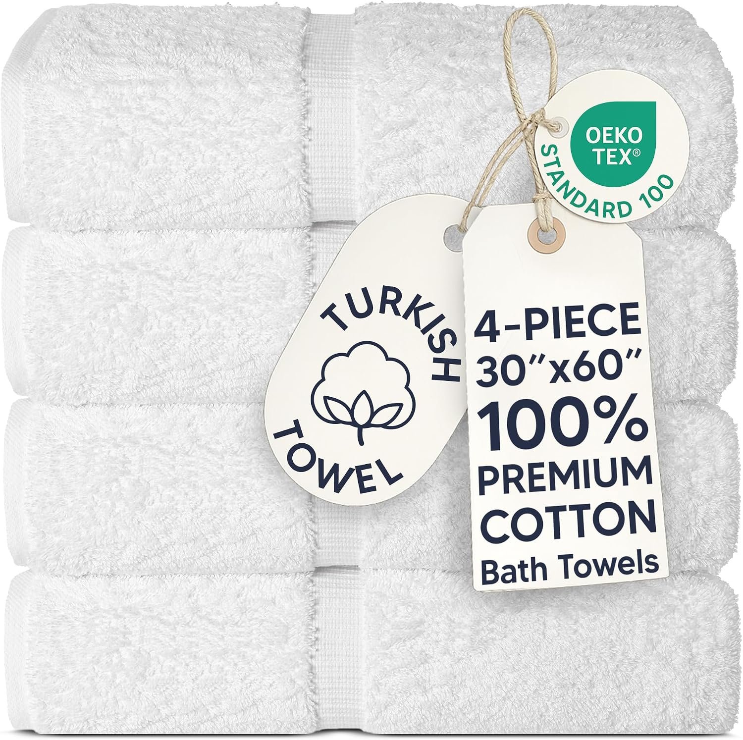 Chakir Turkish Linens 100% Cotton Premium Turkish Towels for Bathroom | 30” x 60” Large Bath Towels (4 Piece, White)