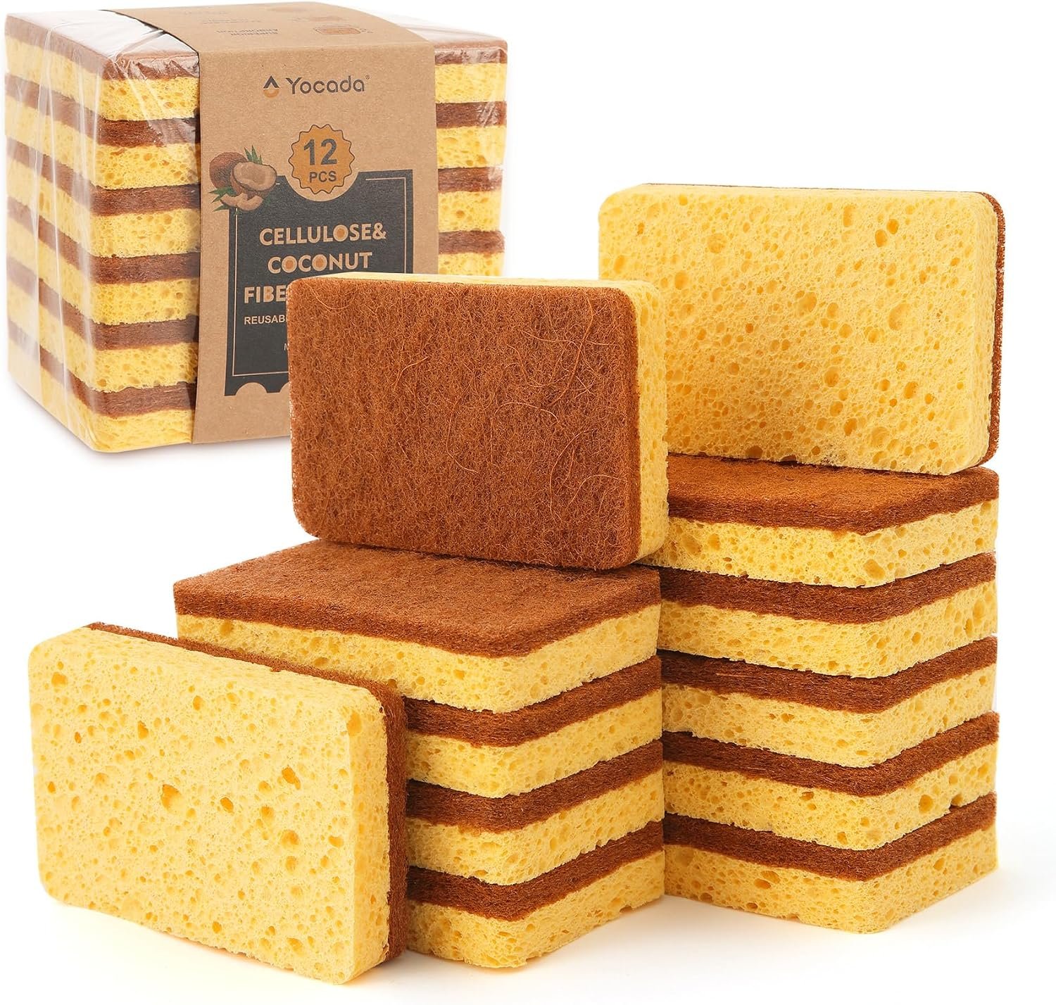 Yocada Cellulose Sponge 12 Pack Biodegradable Natural Kitchen Sponge | Dual-Action Cleaning Sponge Compostable Cellulose and Coconut Walnut Non-Scratch Scrubber Sponge for Dishes Pans Pots